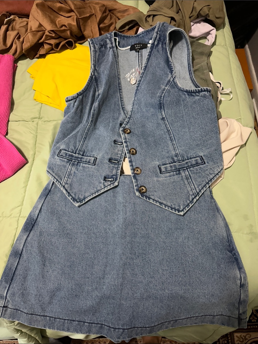 VICI Girls Light Blue Denim Vest Dress Two-Piece Style